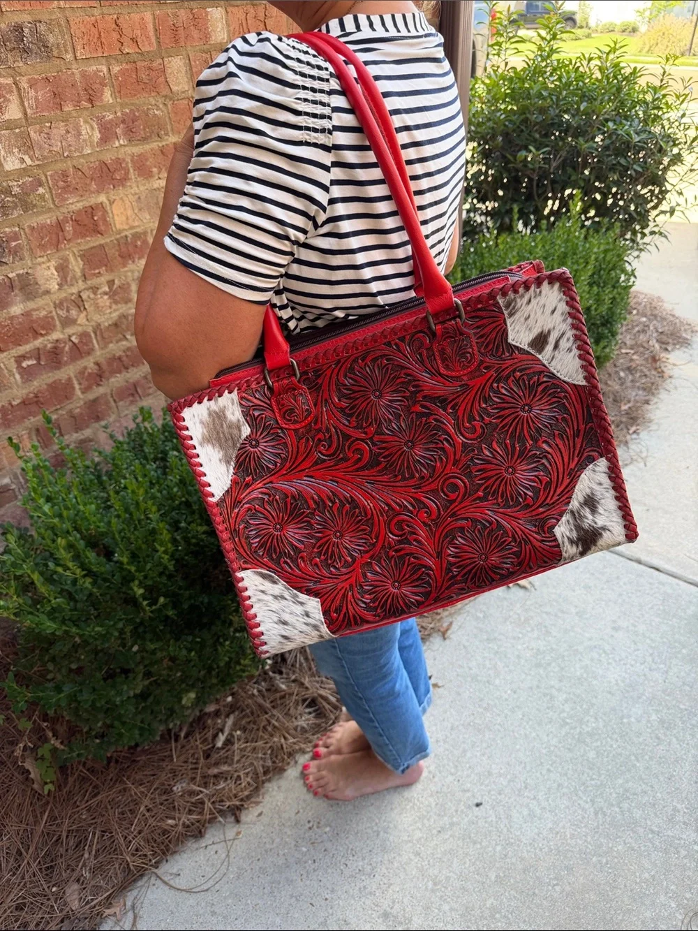 Women's Red Tooled Leather Tote with Hair-on-Hide Accents